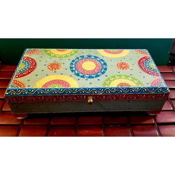 Bohemian Decorative Wooden Jewelry Box Floral Design Hand-Painted Flowers - Picture 1 of 8